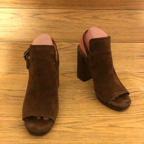 Frye Dani Shield Sling Peep Toe Ankle leather suede cognac tan Booties, 9.5 - Picture 4 of 16